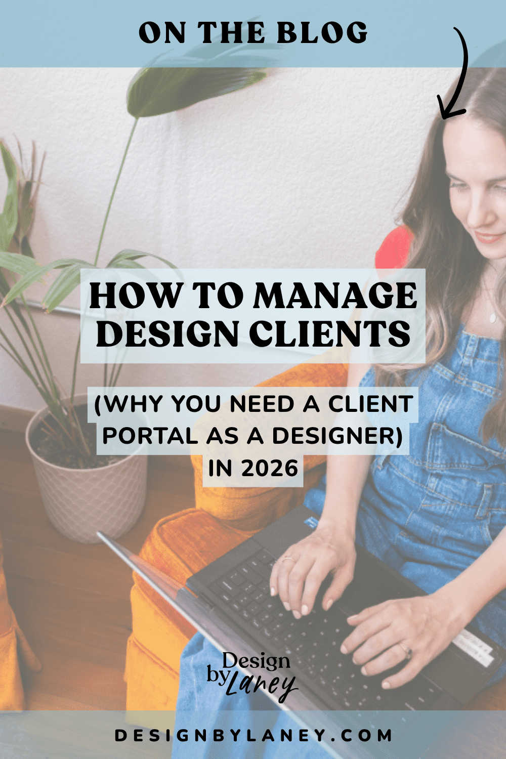 A clean, professional digital workspace showing a designer using a laptop to work on their client portal.