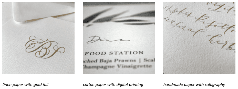 Detailed textures of wedding stationery materials: linen paper with gold foil, cotton paper with digital printing, and handmade paper with calligraphy.