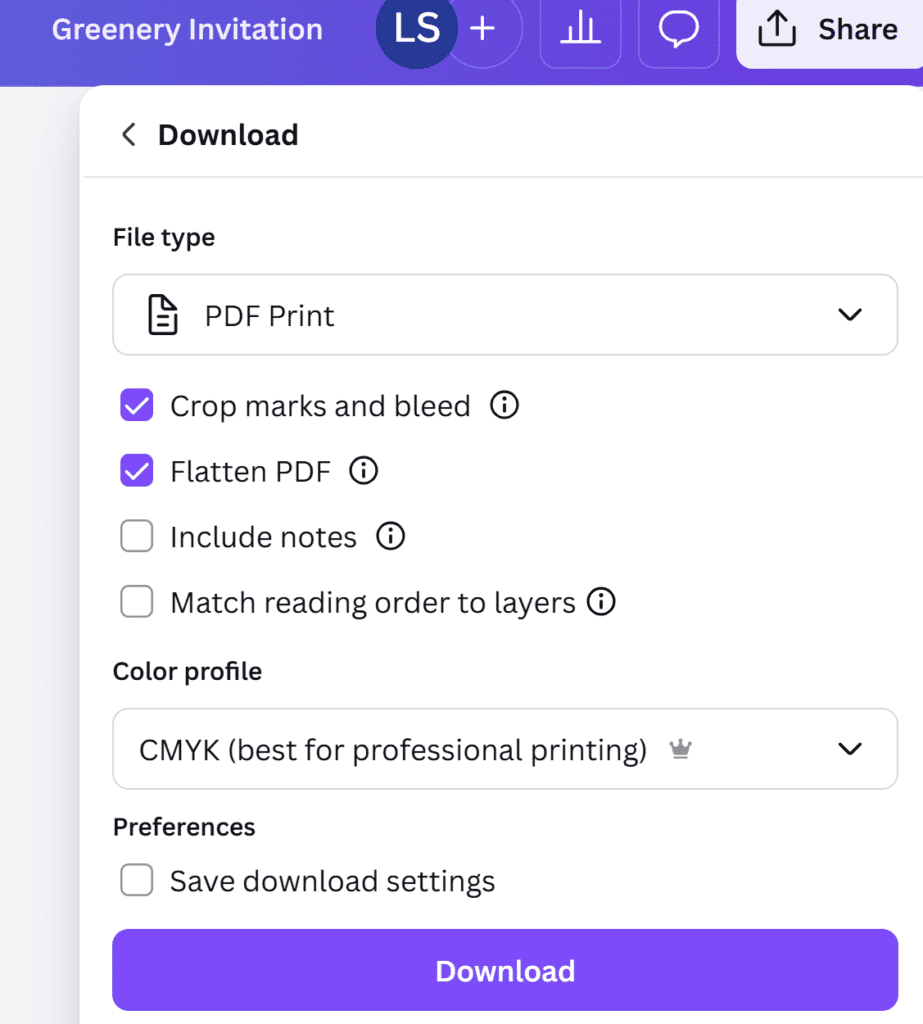 Step-by-step Canva download settings showing PDF Print selected with crop marks, bleed, and flattened PDF checkboxes checked, using the CMYK color profile.