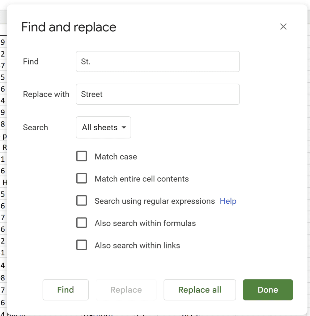 A Google Sheets "Find and replace" dialog box showing "St." entered in the "Find" field and "Street" entered in the "Replace with" field.