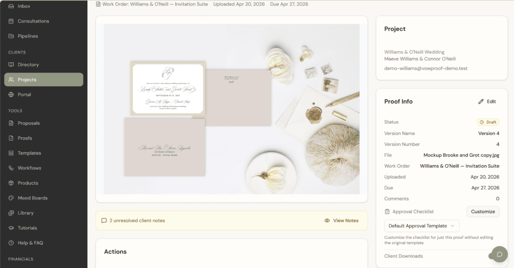 Screenshot of the online suite proofing portal interface in VowProof CRM, featuring a mock-up display of an elegant wedding invitation set alongside a right-side panel showing project info, draft status, and a client approval checklist.