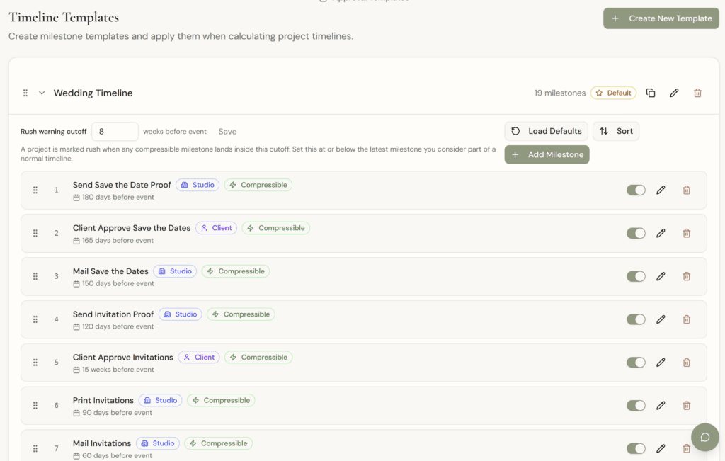 Screenshot of the "Timeline Templates" configuration page in VowProof CRM, illustrating an automated wedding timeline structure with chronological milestones like "Send Save the Date Proof," "Client Approve Invitations," and "Print Invitations."