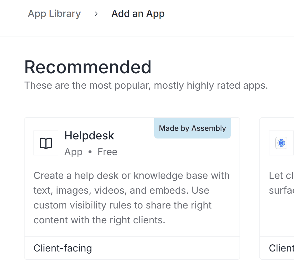 Assembly App Library showing a native Helpdesk app card highlighted with a blue "Made by Assembly" badge.